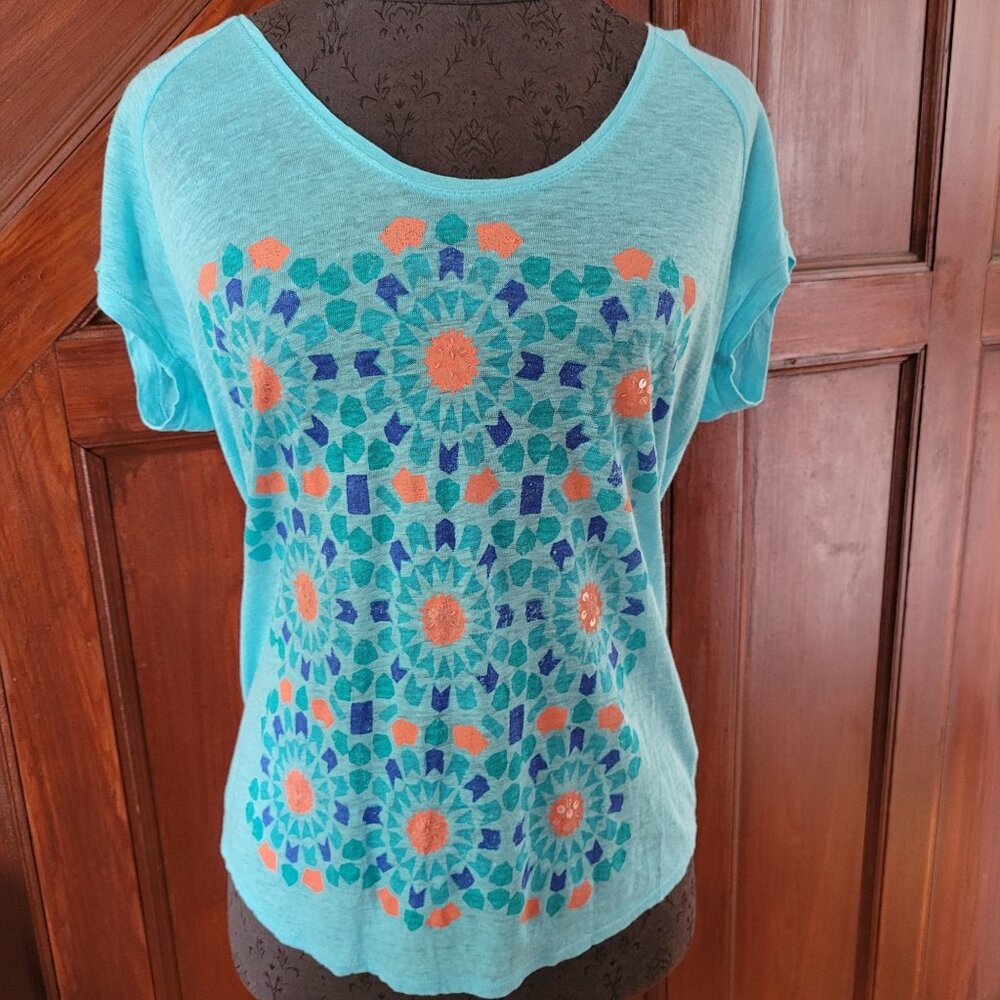 JCP Turquoise Short Sleeve 100% Linen Womens Top Geometric Floral Print Size M